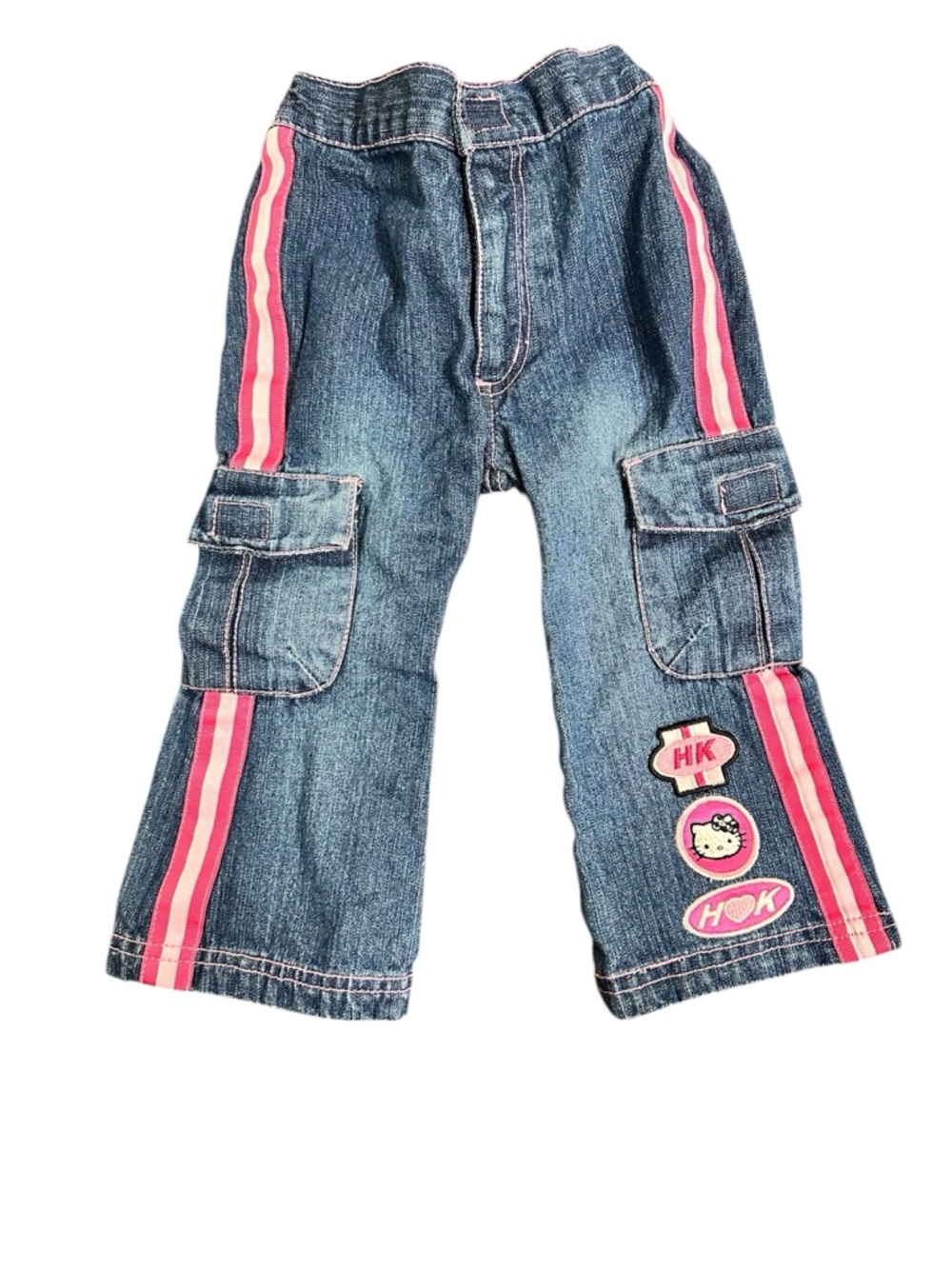 Vintage Y2K Hello Kitty Baby Girls' Blue Denim Cargo Pants with Pink Stripes